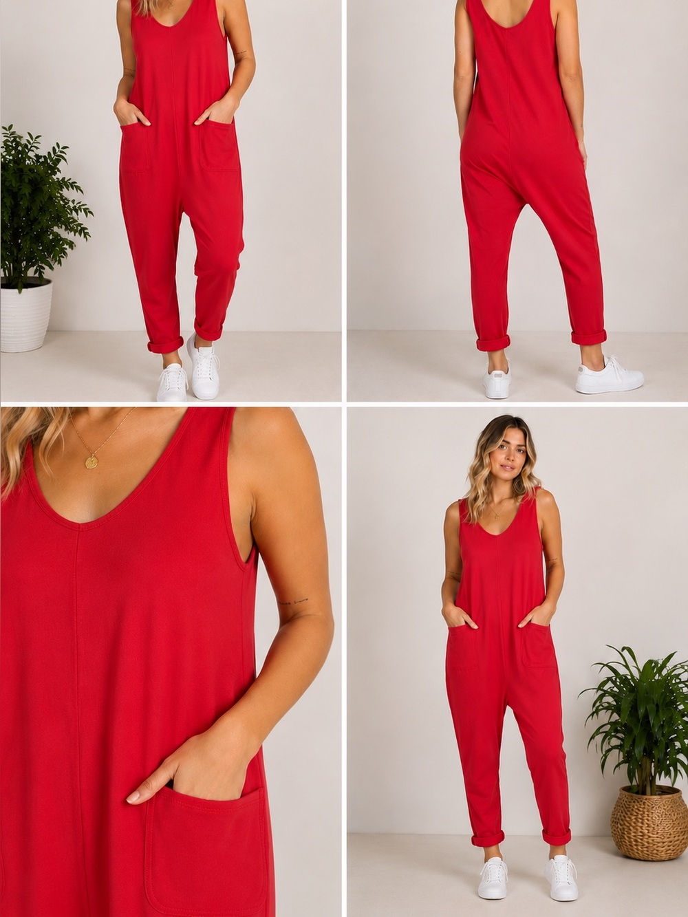 Smash + Tess Sleeveless Red Casual Jumpsuit with Front Pockets